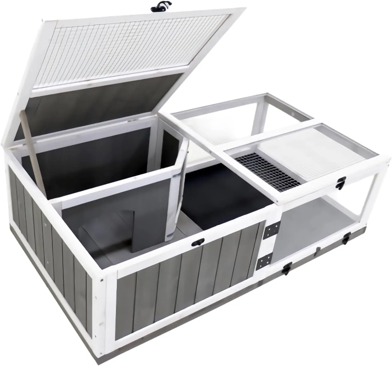 3-Zone Reptile Habitat with Hideout & Slide-Out Tray - Escape-Proof Ventilated Mesh Top for Bearded Dragons, Tortoises, Hermit Crabs - Natural Wood Terrarium, Easy Clean
