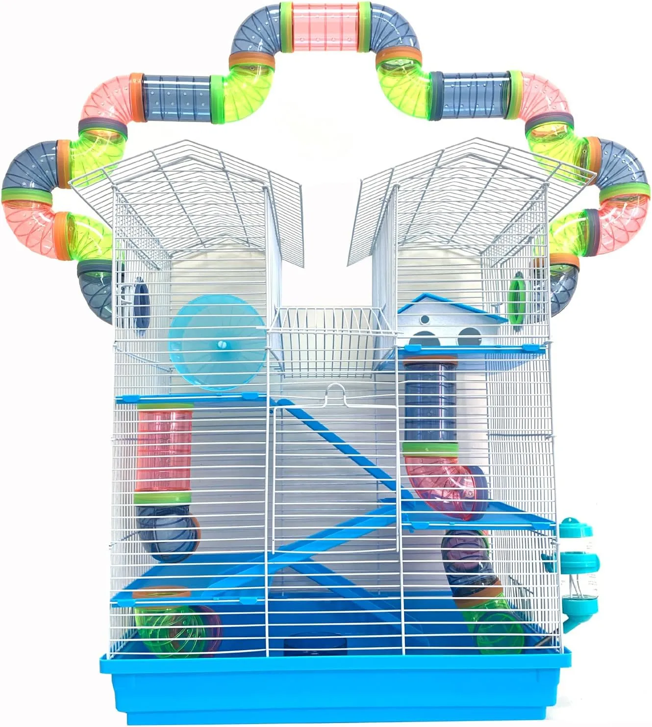 5-Floors Large Twin Tower Syrian Hamster Rodent Gerbil Mouse Mice Rat Home Cage with Crossover Tube Tunnel Expansible and Customizable with Hide House Running Wheel Food Dish Water Bottle