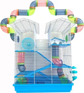 5-Floors Large Twin Tower Syrian Hamster Rodent Gerbil Mouse Mice Rat Home Cage with Crossover Tube Tunnel Expansible and Customizable with Hide House Running Wheel Food Dish Water Bottle
