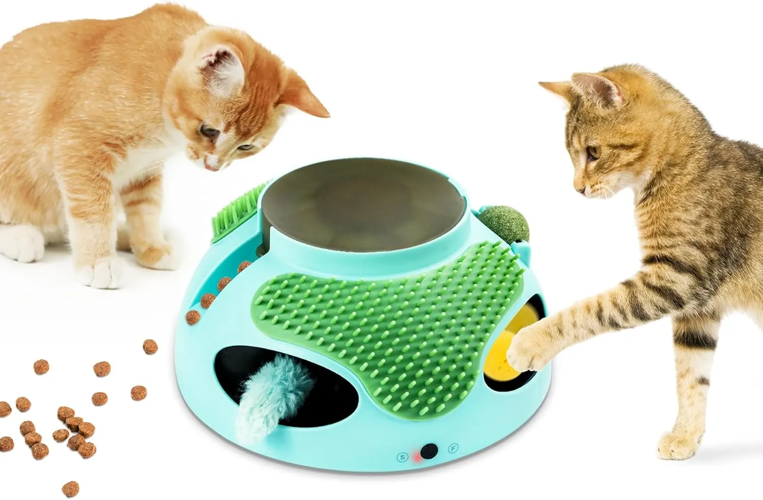 5 in 1 Interactive Cat Gifts - Automatic Kitten Toys with Plush Toy Bell Ball Massage Brush Food Dispenser & Catnip Ball for Indoor Cats
