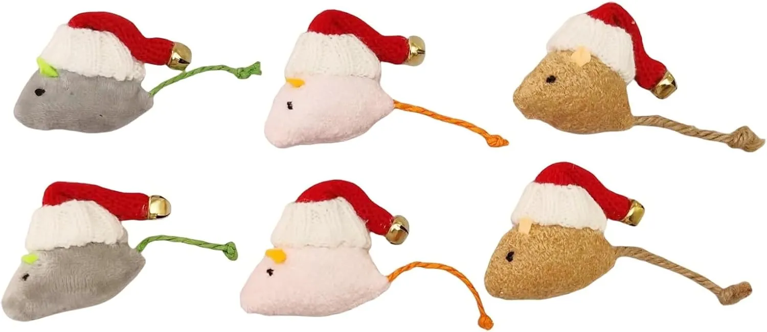 6-Pack Christmas Catnip Mice Toys - Handmade Crochet Hat with Bell, Catnip-Filled Plush Mice for Interactive Play and Holiday Fun