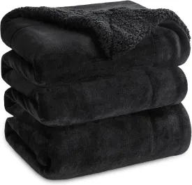 Bedsure Sherpa Fleece Blankets Queen Size for Bed - Thick and Warm, Soft Fuzzy Plush Queen Blanket for Winter, Black, 90x90 Inches