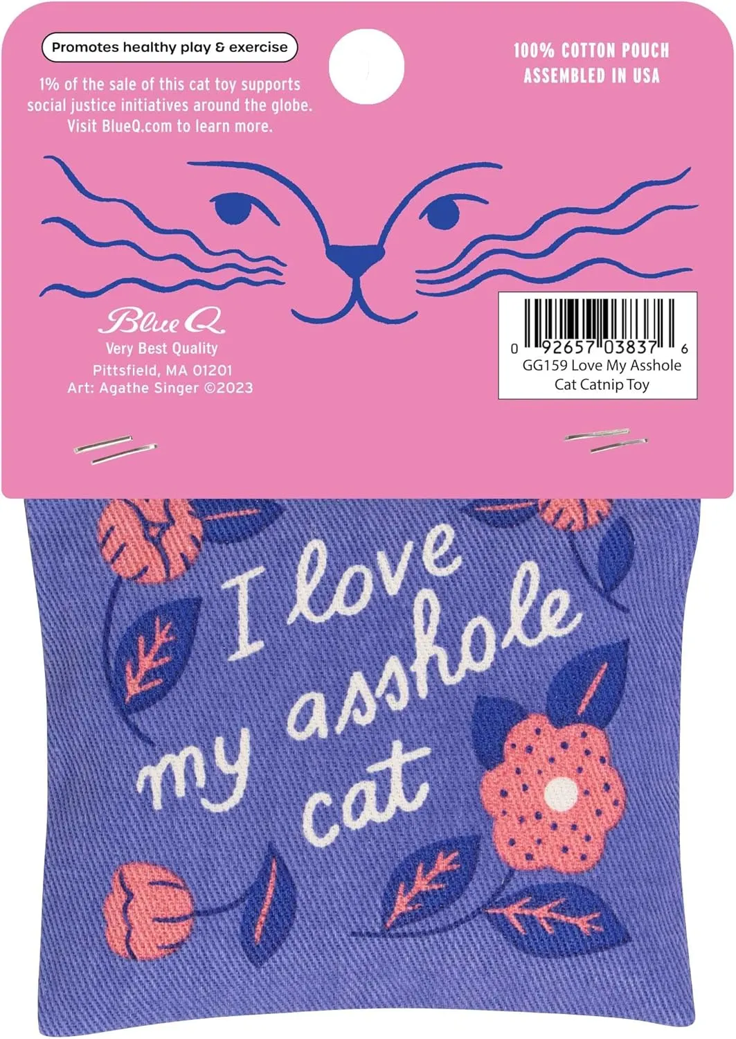 Blue Q I Love My Asshole Cat Catnip Cat Toy. Premium Organic Catnip Grown in The USA, 100% Cotton Pouches, Kitty Graphics Sure to Delight Every Cat-Keeper.