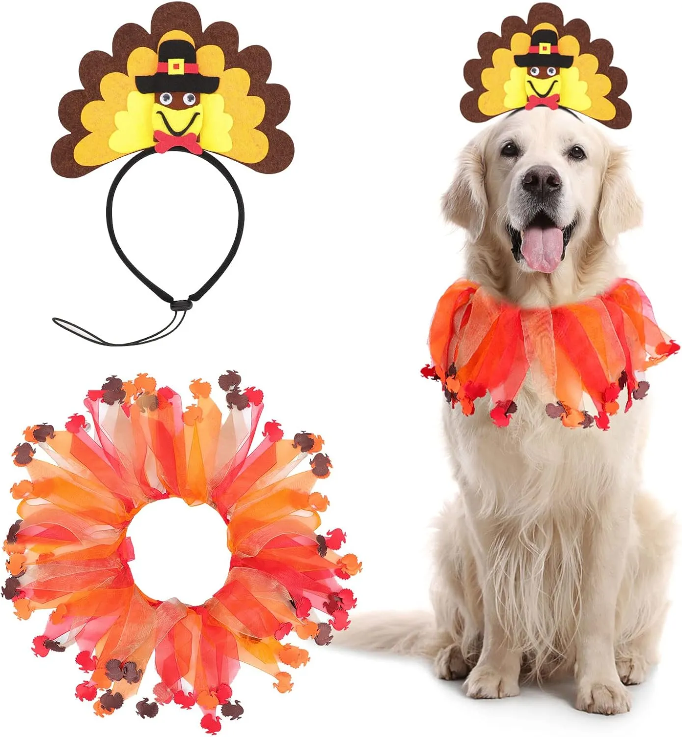 BWOGUE Dog Turkey Costume - Thanksgiving Headband With Elastic Decorative Pet Collar - Holiday Party Accessories for Medium Large Dogs