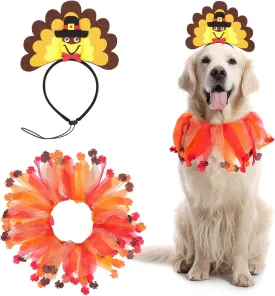 BWOGUE Dog Turkey Costume - Thanksgiving Headband With Elastic Decorative Pet Collar - Holiday Party Accessories for Medium Large Dogs