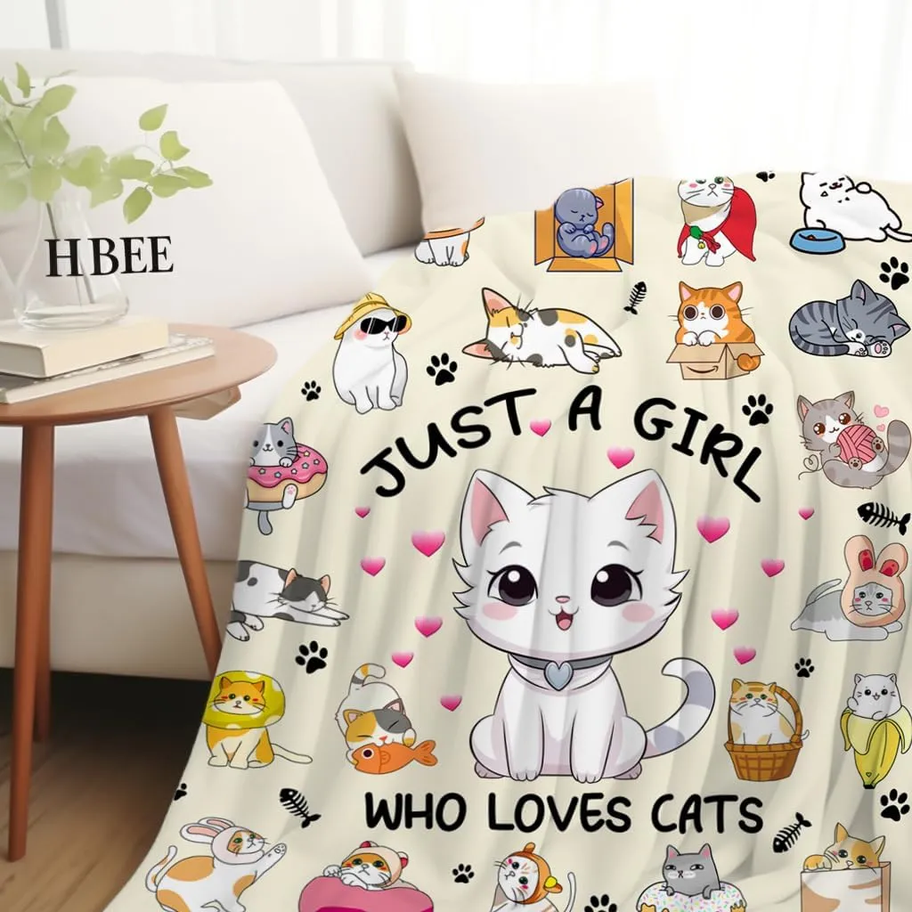 Cat Blanket Soft Cozy Warmth Flannel Cats Throw Blankets Just A Girl Who Loves Cat Blankets Bedding Decor for Cats Lover Girls Women Adults Gifts 50"x40"