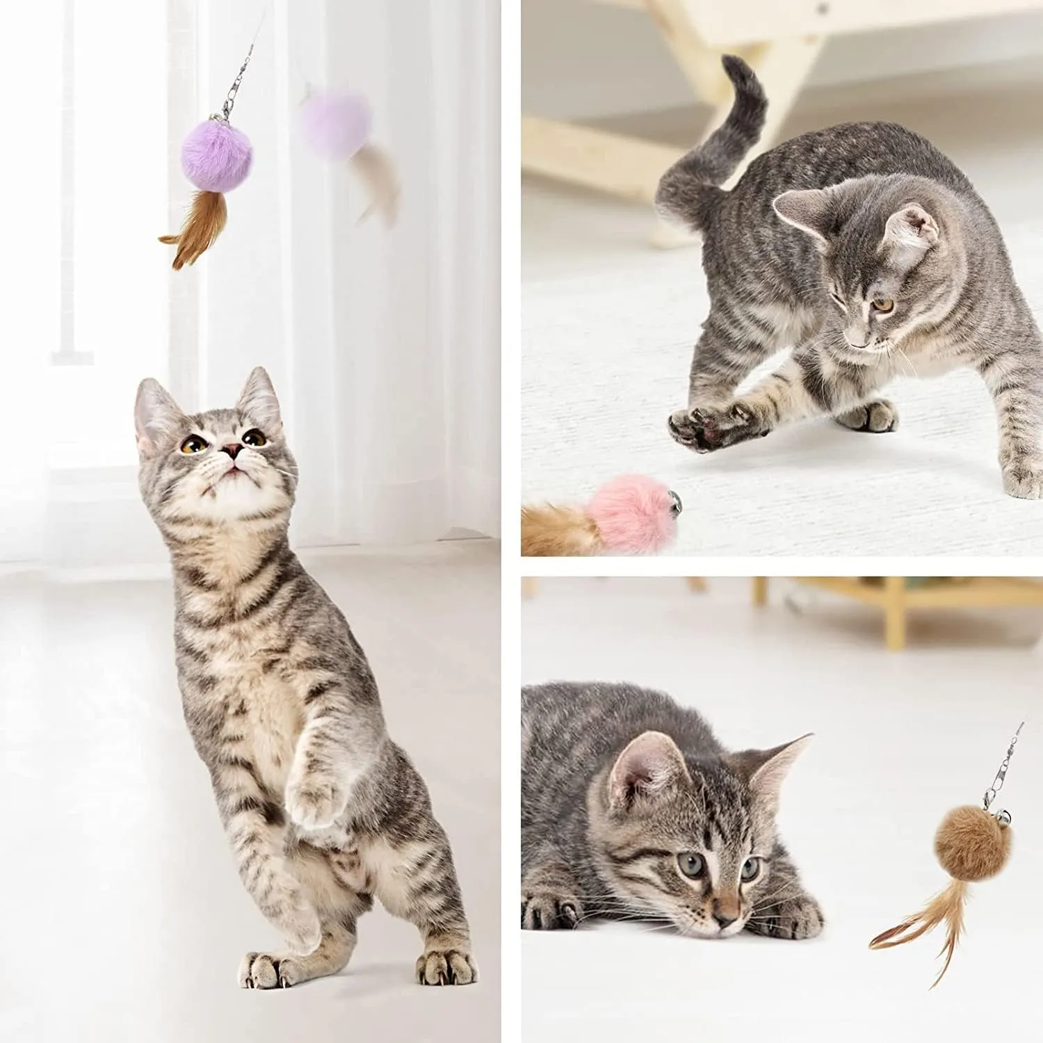 Cat Fluffy Feather Toys Replacement Cat Toy Wand Refills, 6 Pieces Fluffy Cat Toy Feathers Refill, Interactive Cat Teaser Wand Attachments, with Bell