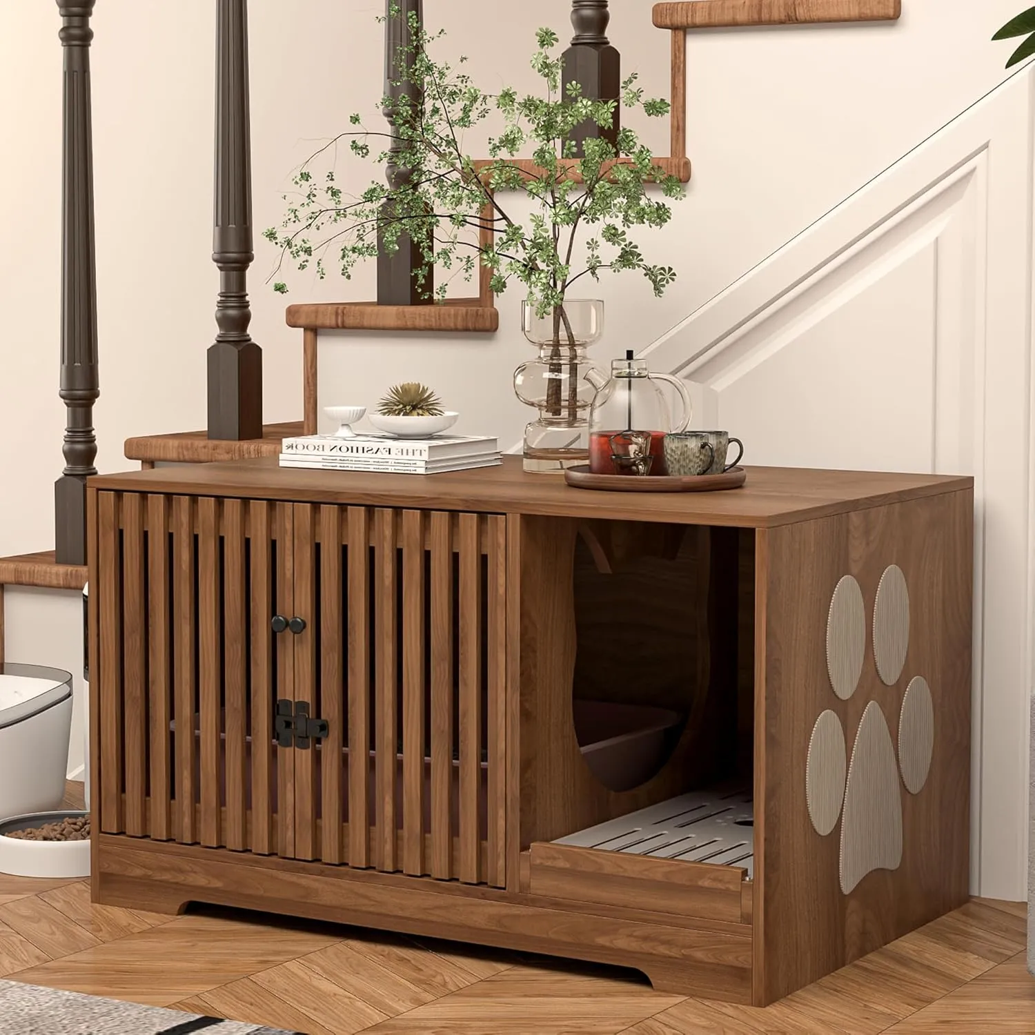 Cat Litter Box Enclosure Furniture, Hidden Litter Box Cabinet with Scratch Pad, Modern Wooden Cat House Washroom End Table for Living Room (Walnut)