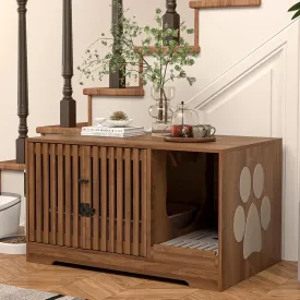 Cat Litter Box Enclosure Furniture, Hidden Litter Box Cabinet with Scratch Pad, Modern Wooden Cat House Washroom End Table for Living Room (Walnut)