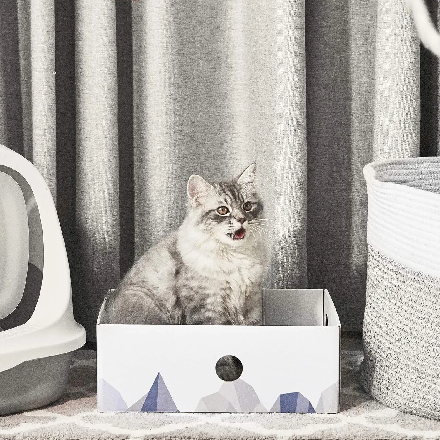 Cat Scratcher Box with Double-Sided Cardboard Scratching Board, Heavy-Duty Lounger, Interactive Hole Design Cat Bed for Indoor Cats, Kitty Toys,White (Medium)