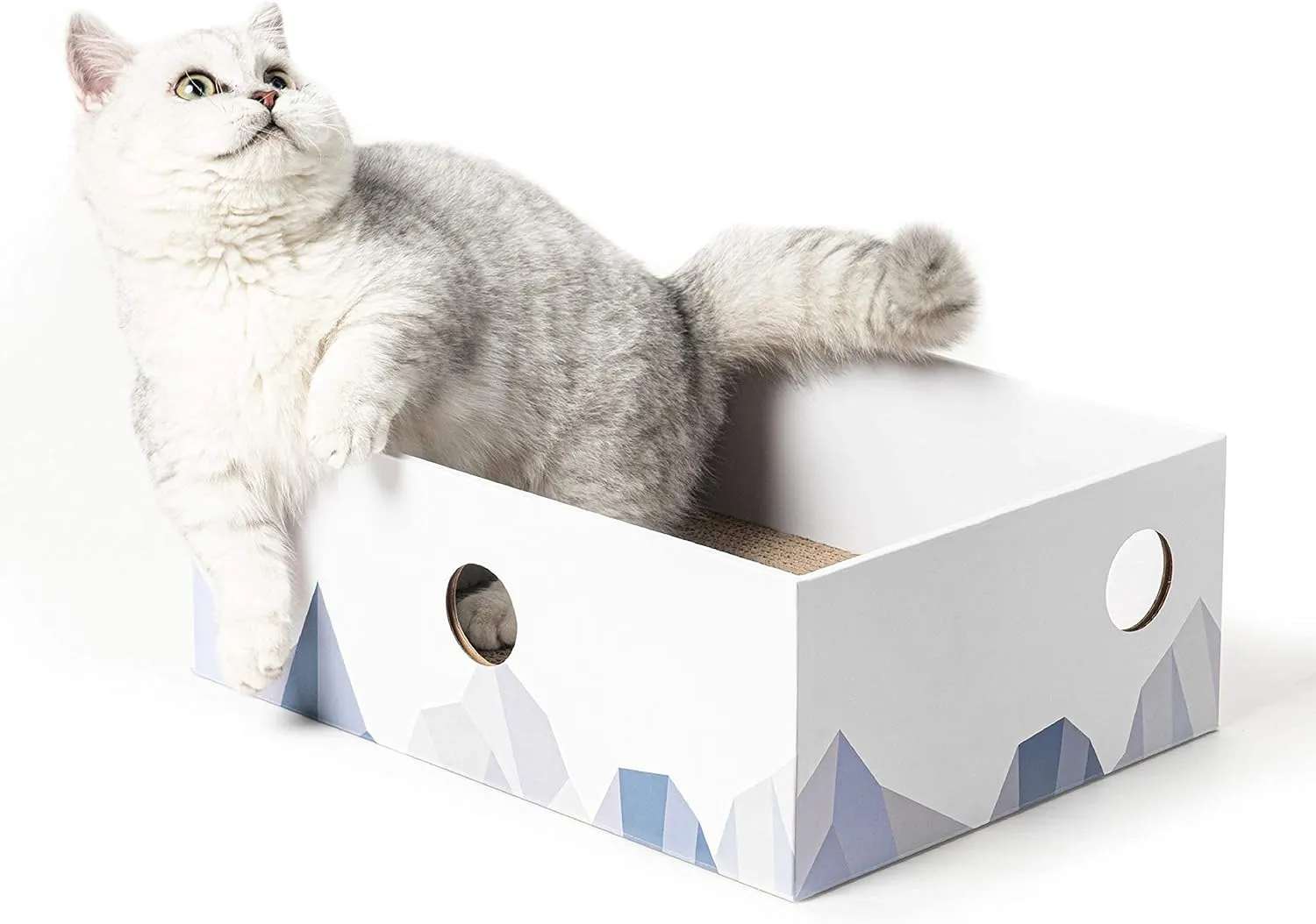 Cat Scratcher Box with Double-Sided Cardboard Scratching Board, Heavy-Duty Lounger, Interactive Hole Design Cat Bed for Indoor Cats, Kitty Toys,White (Medium)