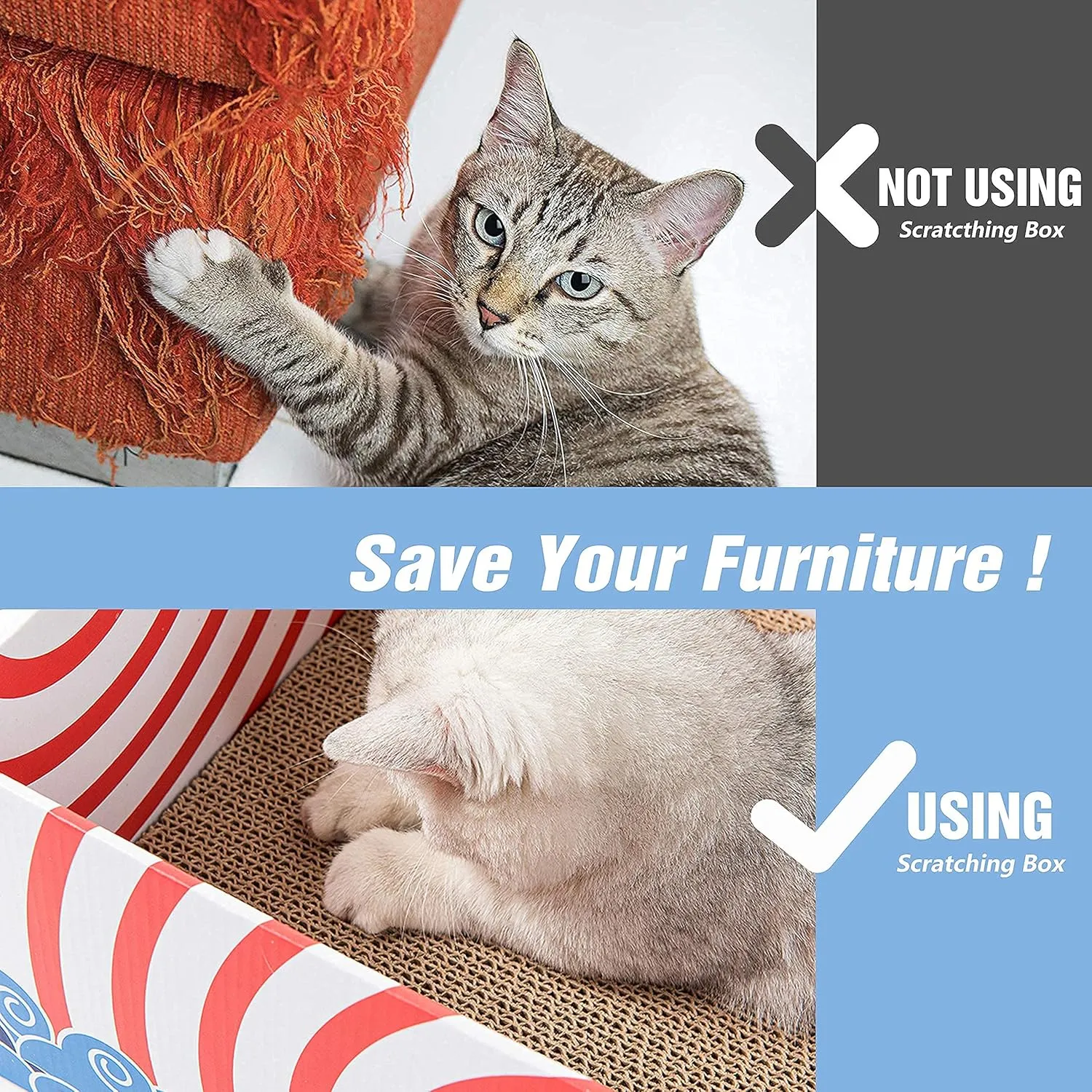 Cat Scratcher Box with Double-Sided Cardboard Scratching Board, Heavy-Duty Lounger, Interactive Hole Design Cat Bed for Indoor Cats, Kitty Toys,White (Medium)