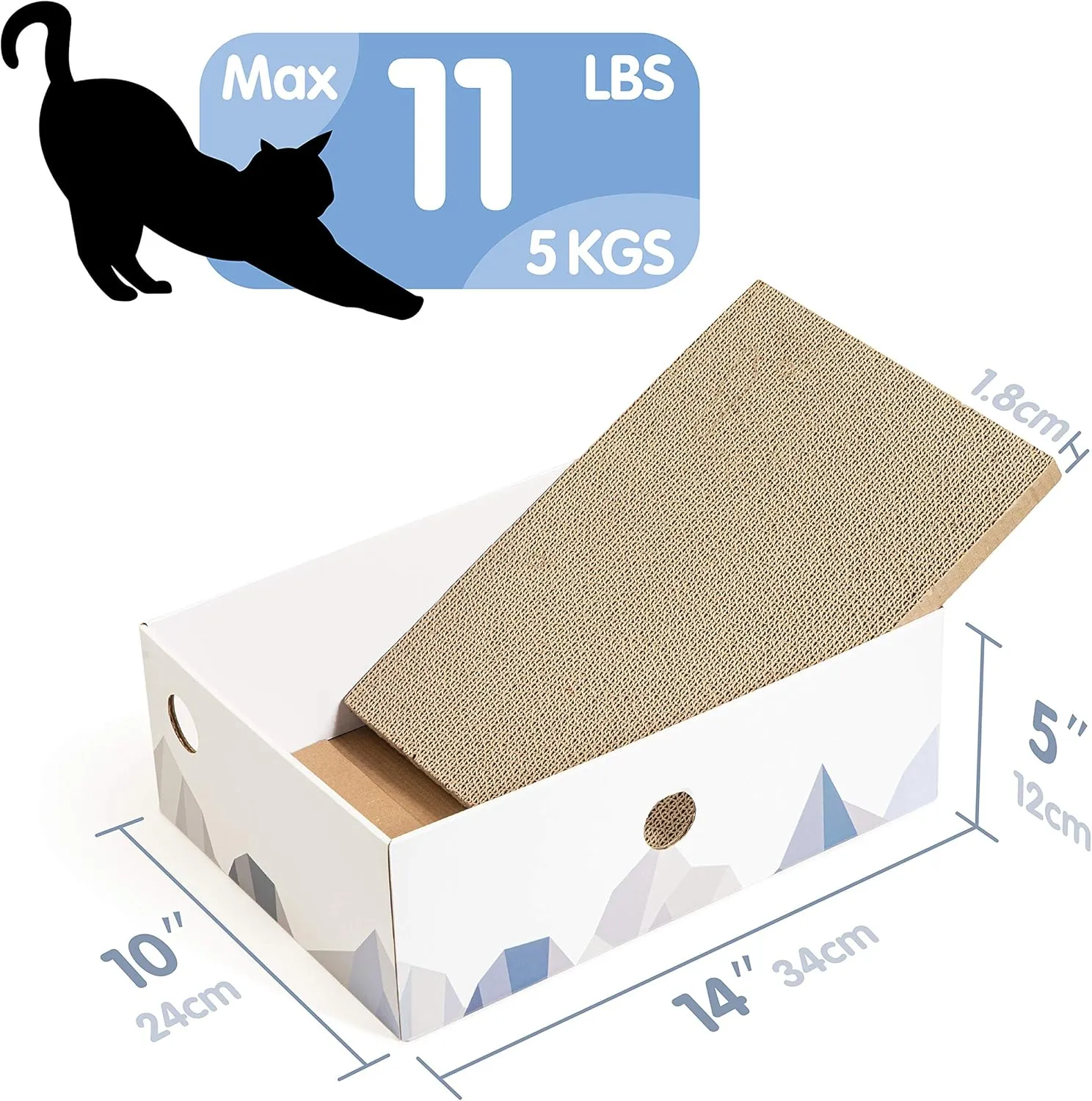 Cat Scratcher Box with Double-Sided Cardboard Scratching Board, Heavy-Duty Lounger, Interactive Hole Design Cat Bed for Indoor Cats, Kitty Toys,White (Medium)