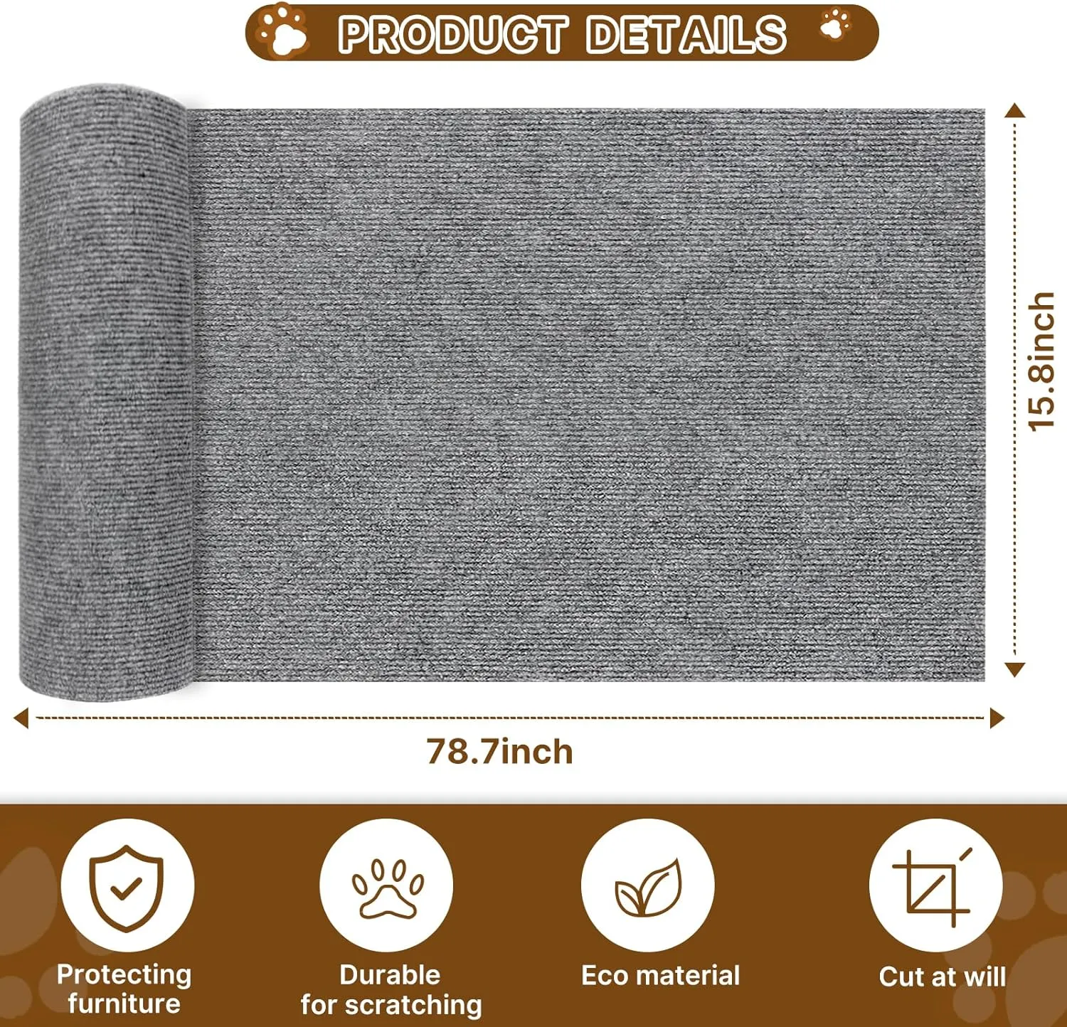 Cat Scratching Mat 78.7"x15.8" Timmable Cat Scratch Furniture Protector, Self-Adhesive Cat Scratching Carpet for Cat Scratch Post, DIY Climbing Cat Scratcher and Cat Tree Shelves(Light Grey)