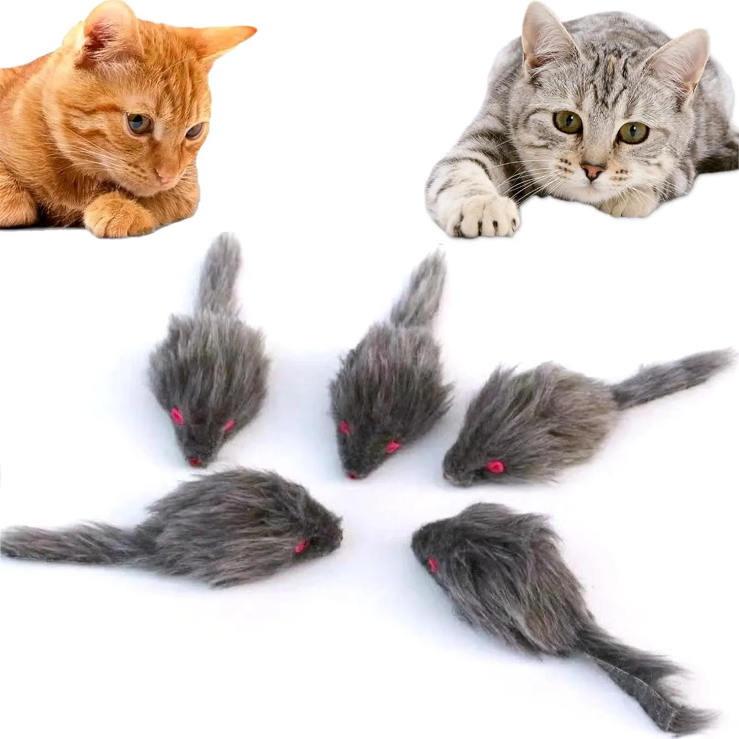 Cat Toys, 5 Pack Faux Fur Mouse Toys, Interactive Cat Toy 6.3 Realistic Size Grey Furry Rattle Mouse Without Catnip Kitten Cat Toy for Bored Indoor Adult Cat, Kitten Interactive Play