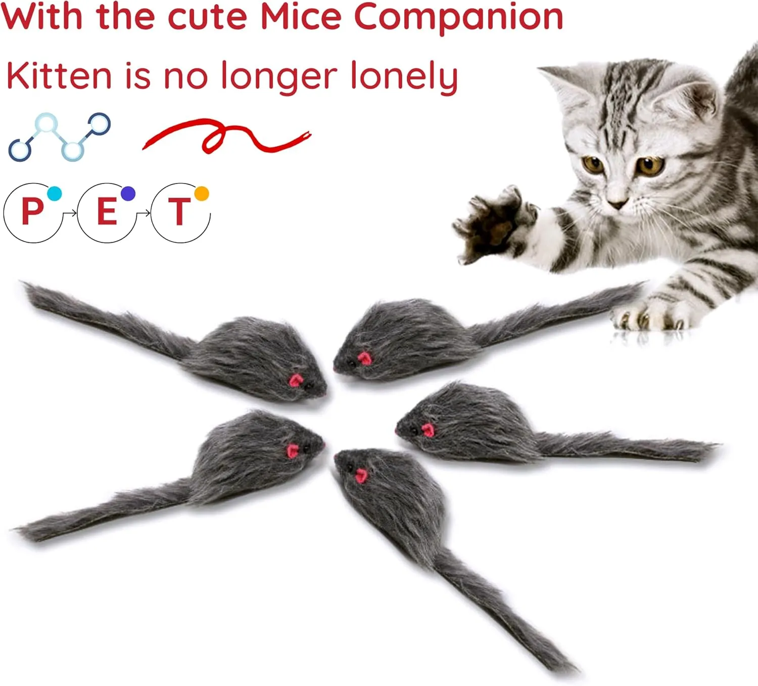 Cat Toys, 5 Pack Faux Fur Mouse Toys, Interactive Cat Toy 6.3 Realistic Size Grey Furry Rattle Mouse Without Catnip Kitten Cat Toy for Bored Indoor Adult Cat, Kitten Interactive Play