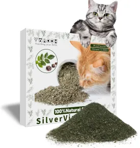 Cat Toys - Blend Silvervine Powder 45g with 5 Reusable Pouches, Catnip Alternative, 100% Natural Silver Vine Gall Fruit Powder & Silvervine Leaves, Suitable for All Cat Ages