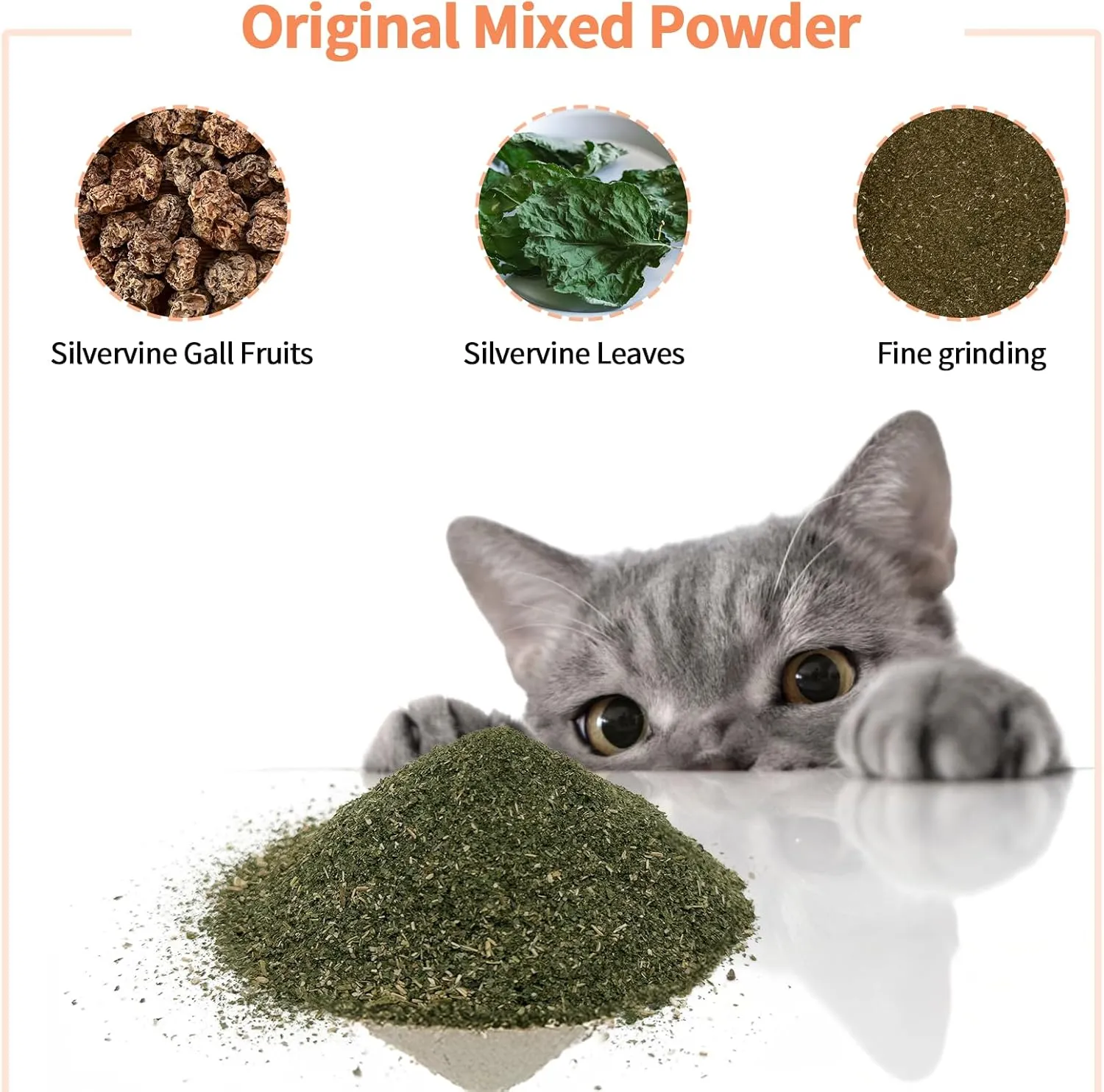 Cat Toys - Blend Silvervine Powder 45g with 5 Reusable Pouches, Catnip Alternative, 100% Natural Silver Vine Gall Fruit Powder & Silvervine Leaves, Suitable for All Cat Ages