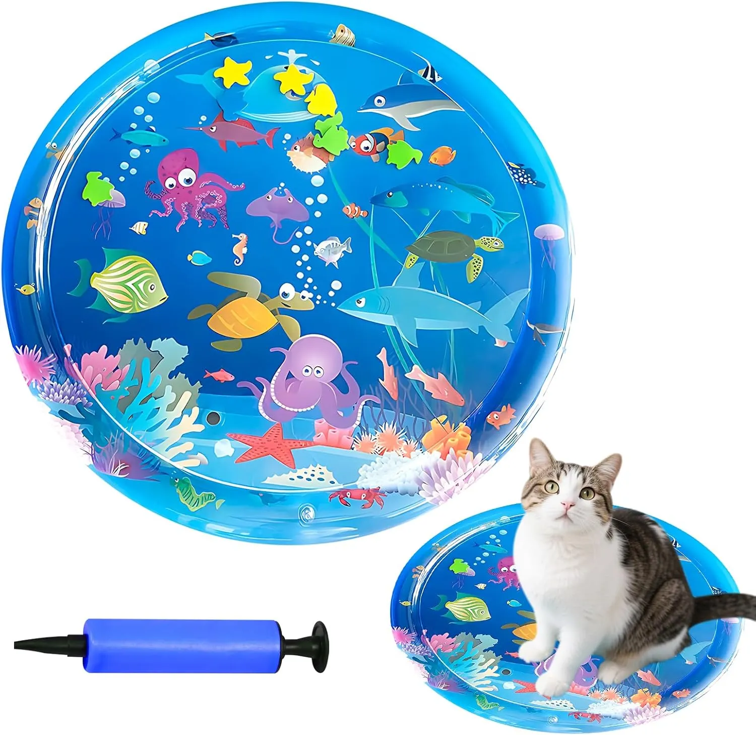 Cat Water Bed,Cats Water Mat with Fish,Cat Water Bed PlayMat,Two Layers ThickenedRound Sensory, Non-Slip Play mat, Floating Fish, for Indoor Cats Kitten, Durable Easy-Clea