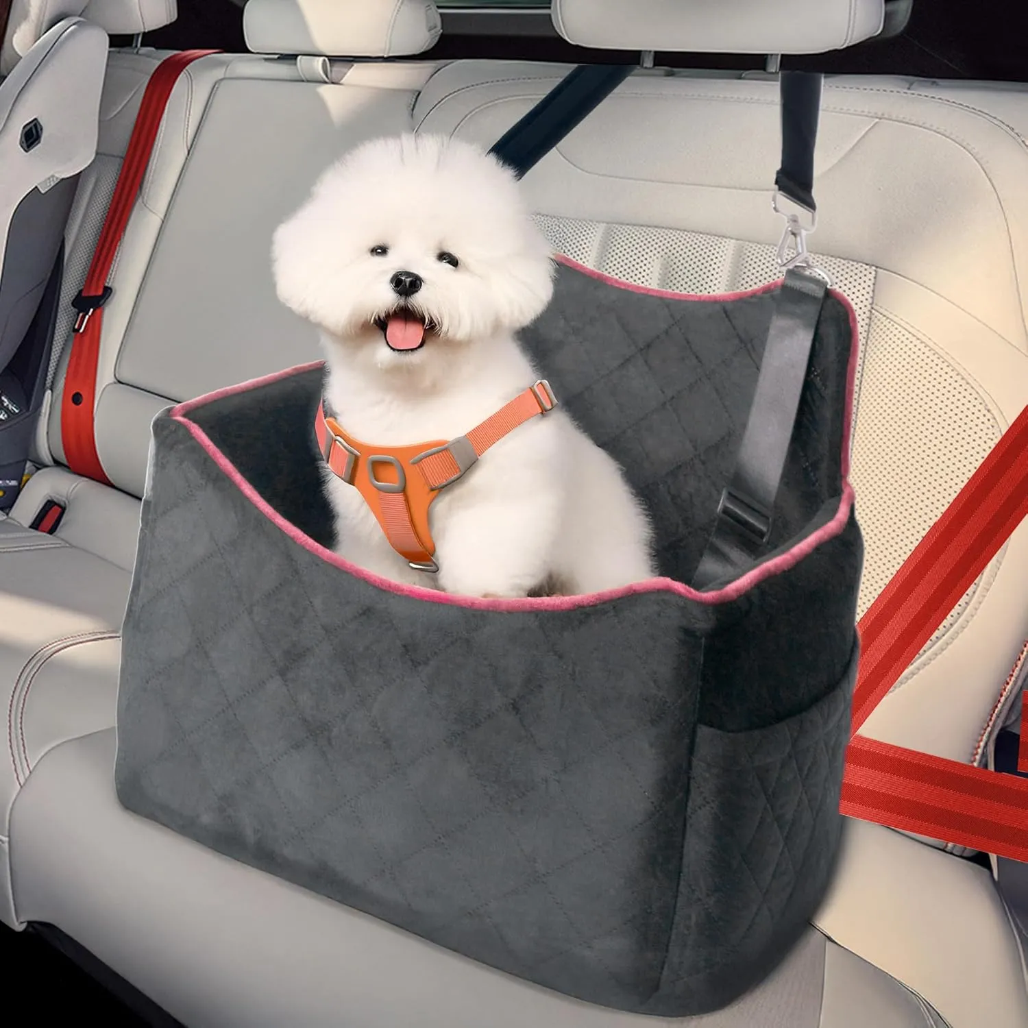 Dog Car Seat for Medium Sized Dogs 25 lbs, Safety Dog Booster Seat for Small Dogs with Secure Safe Buckles & Clip-On Leash, Soft Waterproof Washable Travel Doggy Car Seat with Storage Pockets(Gray)