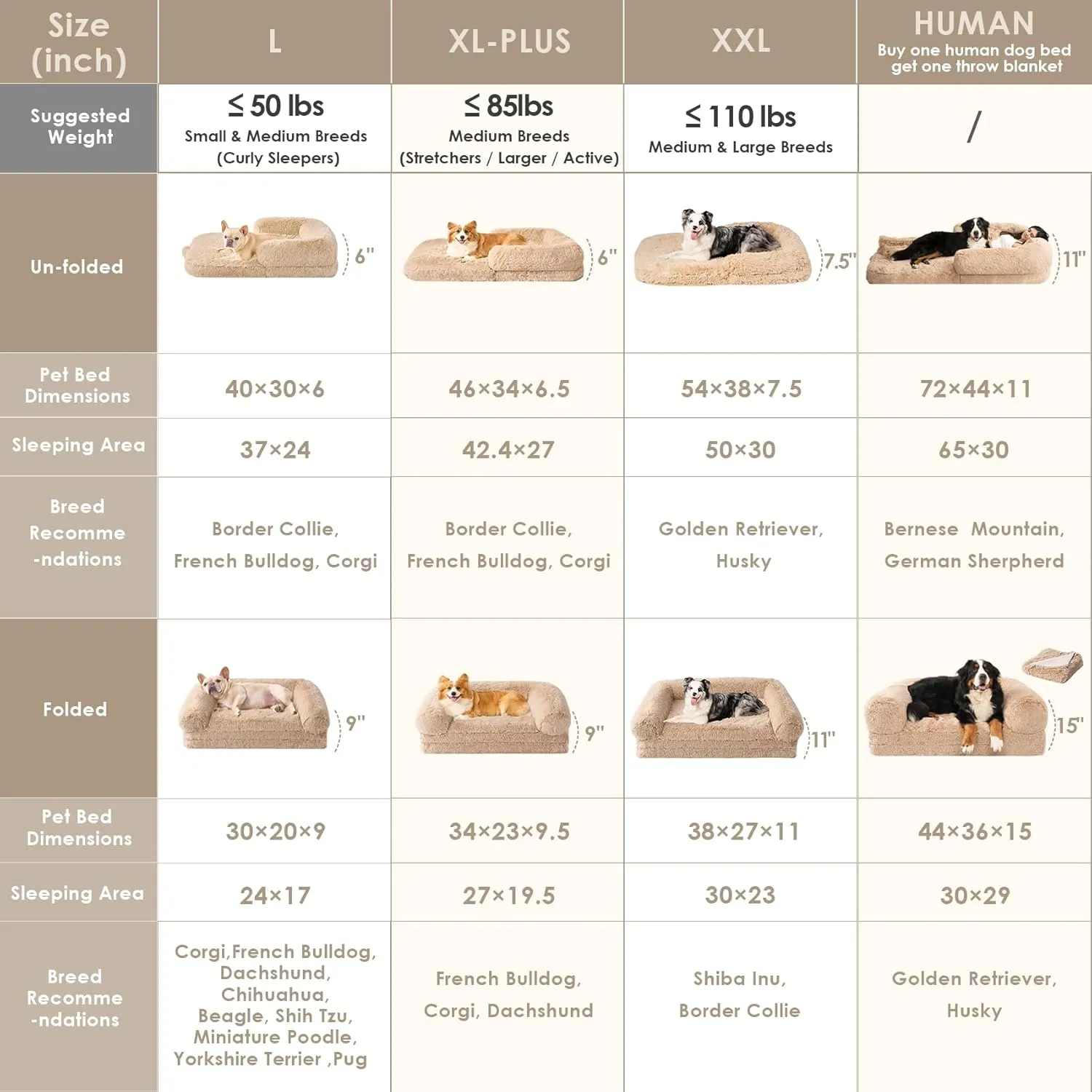 EHEYCIGA Foldable Human Dog Bed, Orthopedic Memory Foam Human Sized Dog Bed, Waterproof Pet Bed for People, Faux Fur Pet Couch for Adult, Camel, 72"x44"x11"