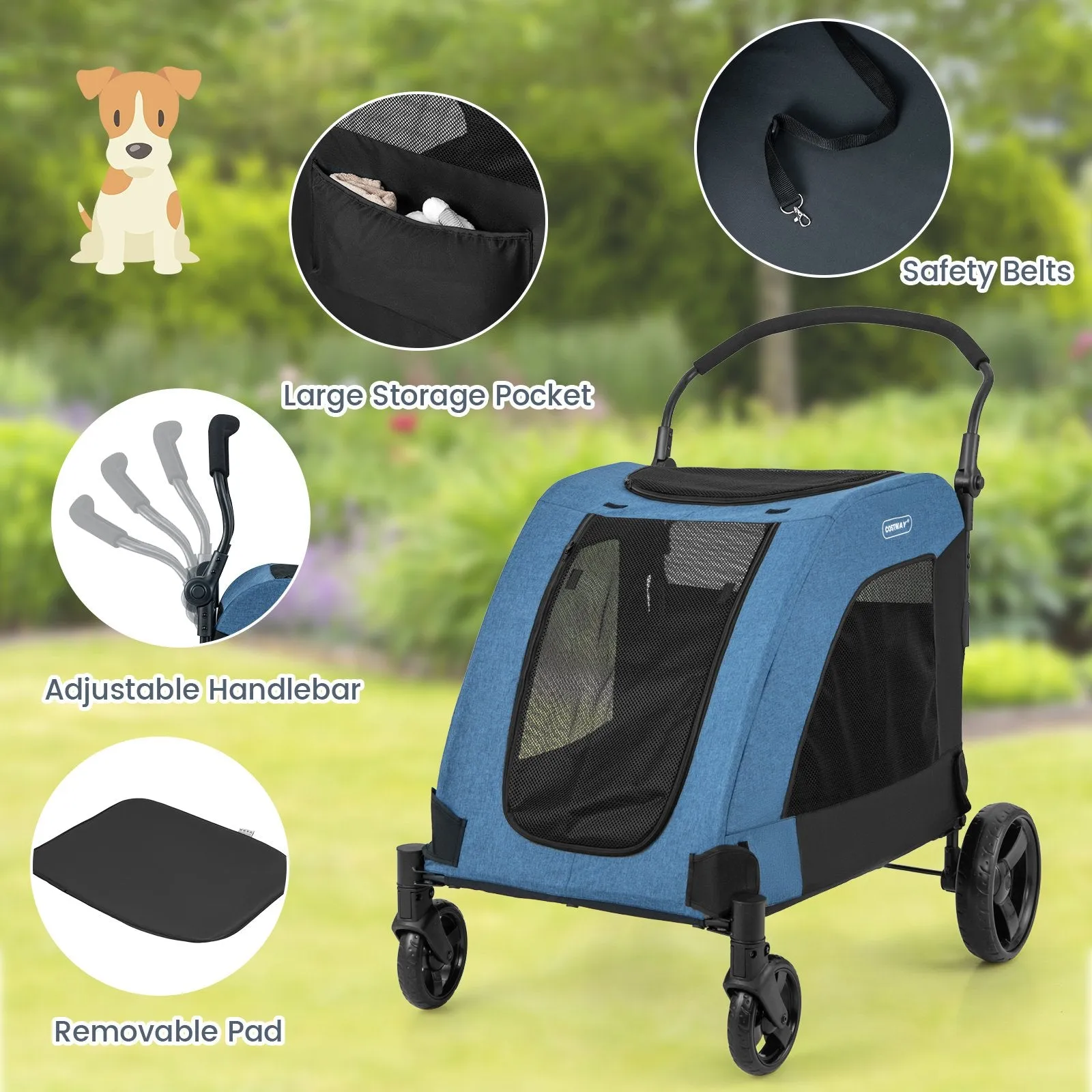 Extra Large Dog Stroller Foldable Pet Stroller with Dual Entry-Blue