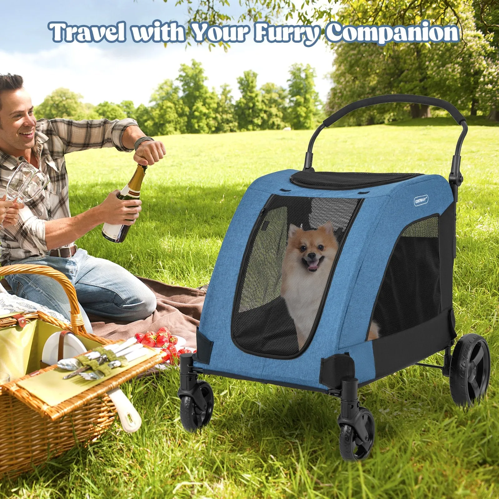 Extra Large Dog Stroller Foldable Pet Stroller with Dual Entry-Blue