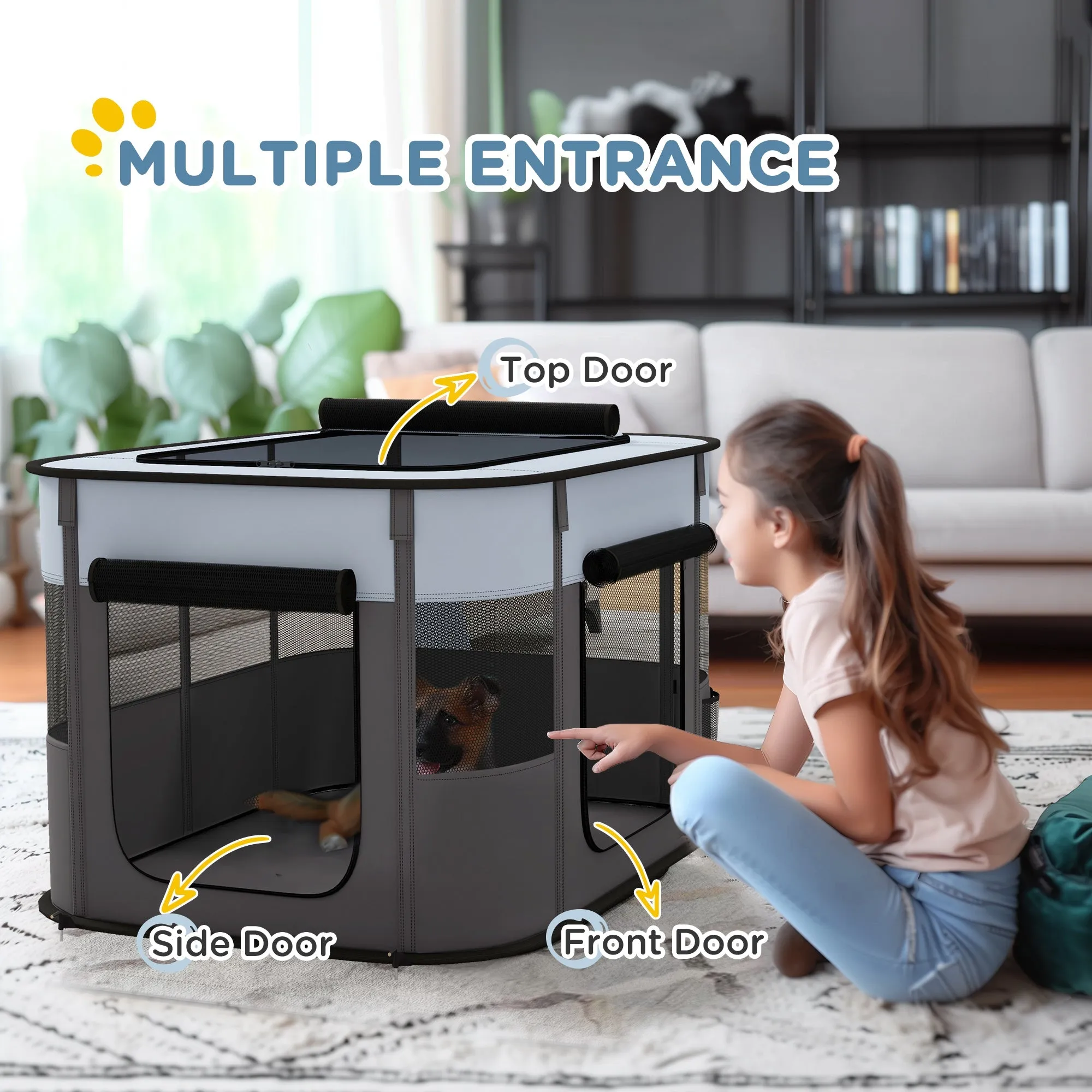 Foldable Dog Pen with Storage Bag for Indoor/Outdoor Use - Grey