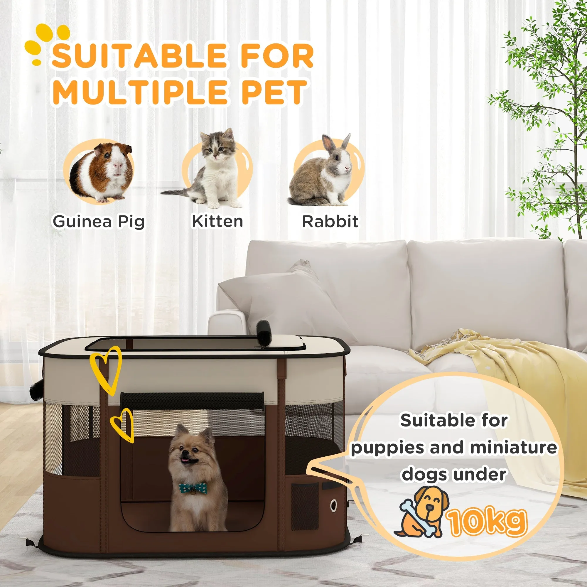 Foldable Dog Pen with Storage Bag for Indoor/Outdoor Use Portable Pet playpen with Ground Stakes - Brown