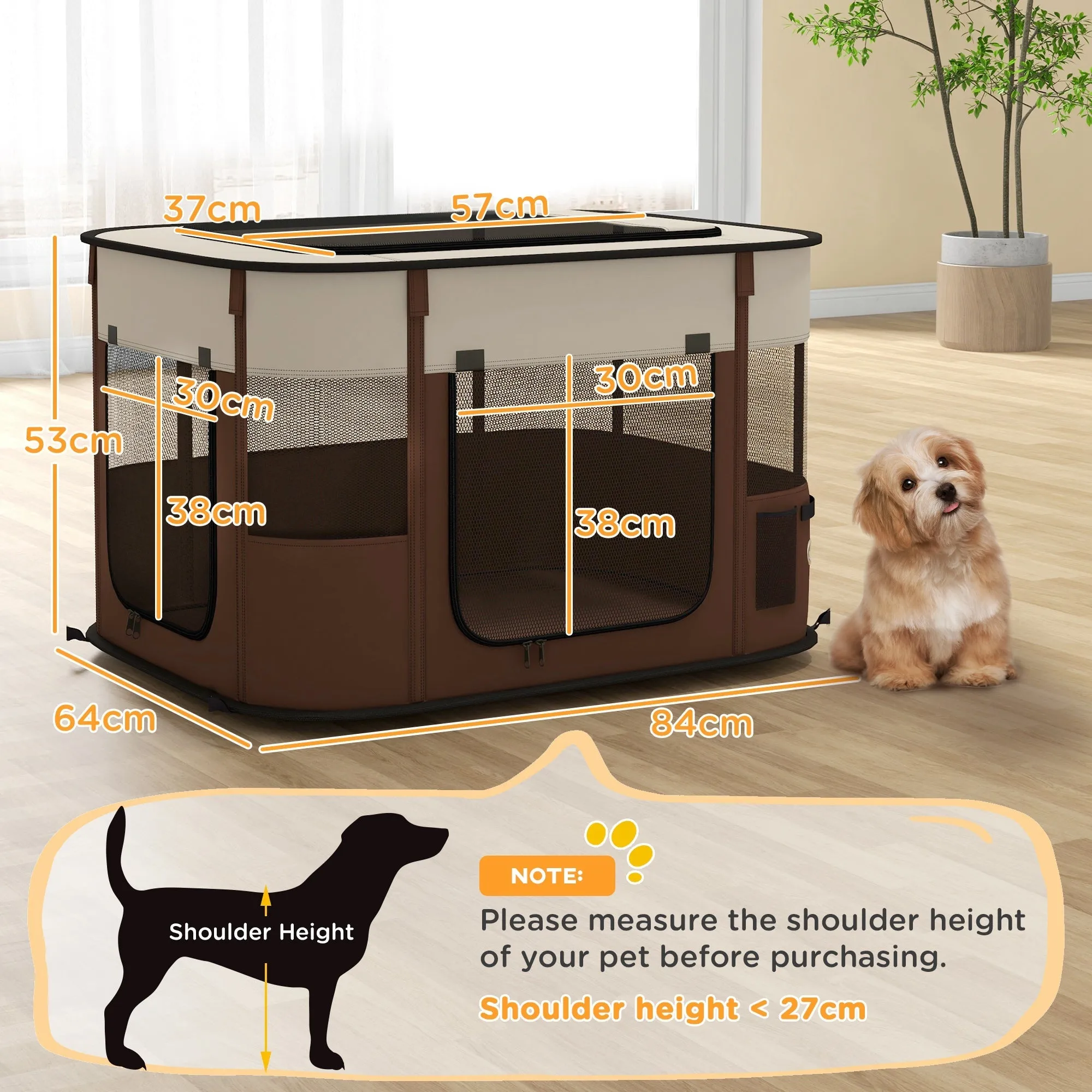 Foldable Dog Pen with Storage Bag for Indoor/Outdoor Use Portable Pet playpen with Ground Stakes - Brown