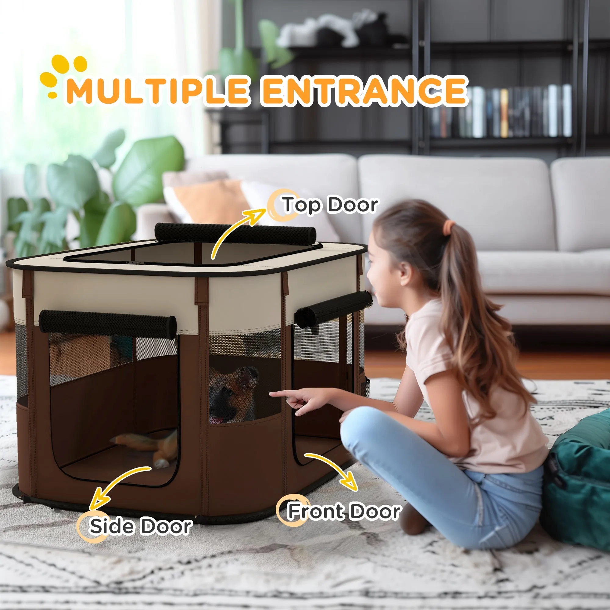 Foldable Dog Pen with Storage Bag for Indoor/Outdoor Use Portable Pet playpen with Ground Stakes - Brown
