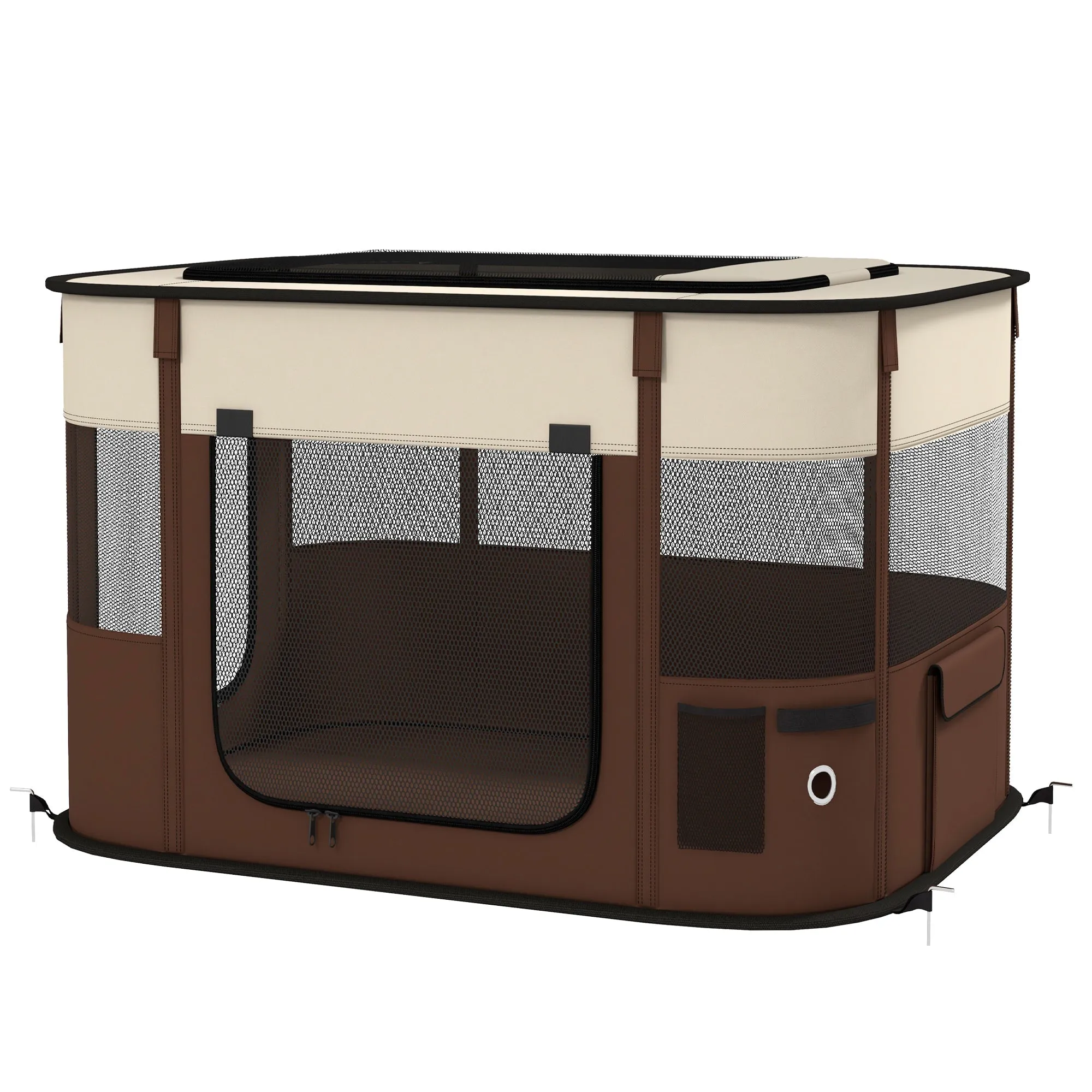 Foldable Dog Pen with Storage Bag for Indoor/Outdoor Use Portable Pet playpen with Ground Stakes - Brown
