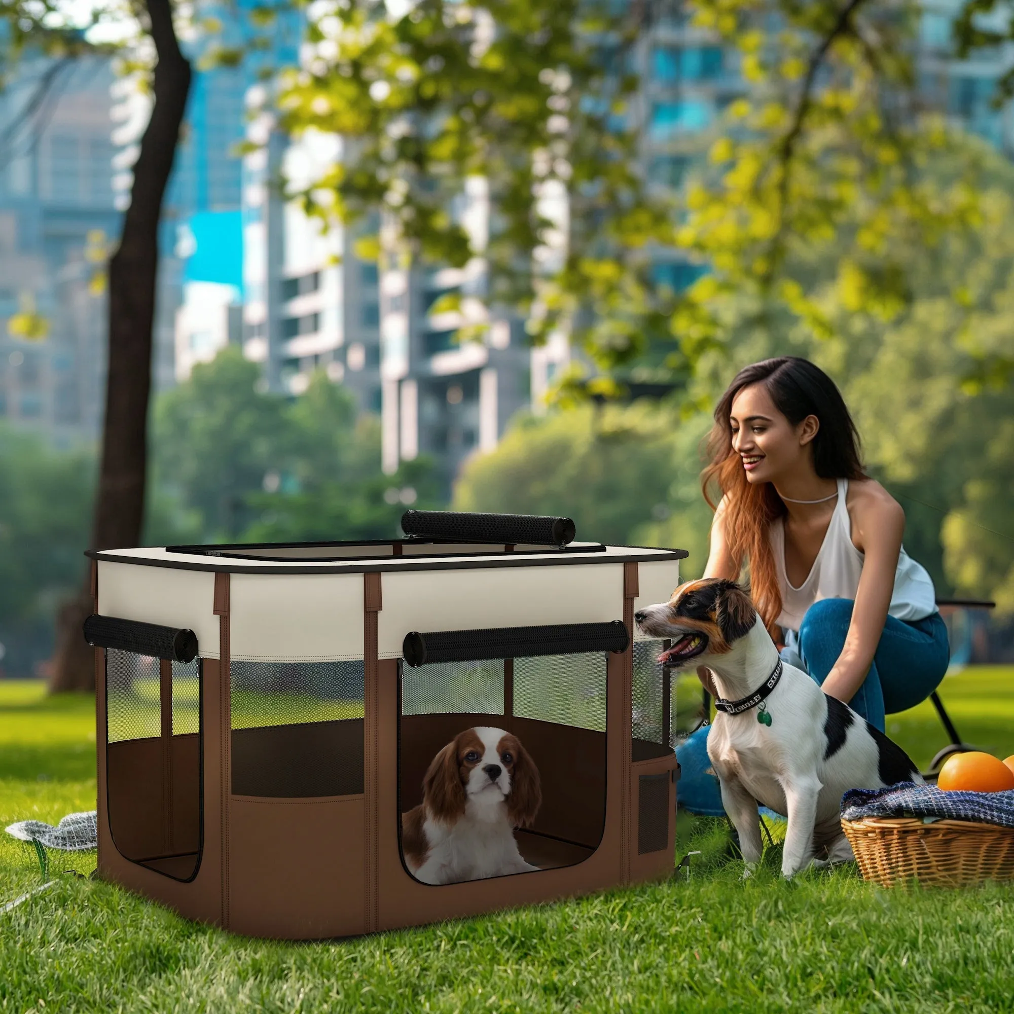 Foldable Dog Pen with Storage Bag for Indoor/Outdoor Use Portable Pet playpen with Ground Stakes - Brown