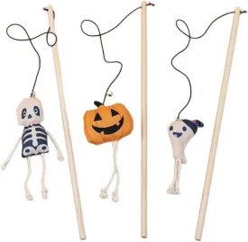 Halloween Cat Wand Teaser Toys with Bell, Kitten Interactive Plush Kitty Plaything Gift Set of 3