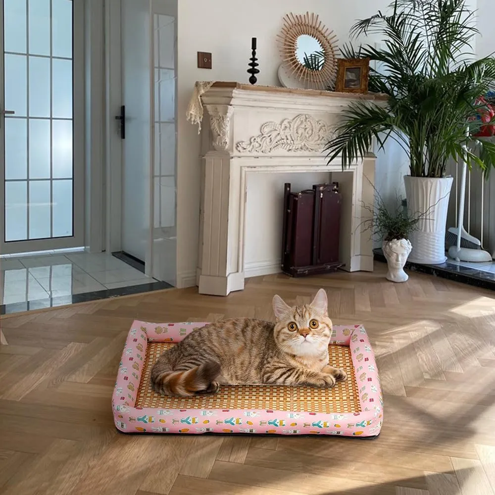 Ice Rattan Cooling Bed for Cats Dogs, Pet Ice Pad Mat Pet Cooling Mat, Summer Cooling Pet Mat Ice Pad Sleeping Mats, Cool Pad Cushion Dog Cat Puppy Blanket Pet Self Cooling Pad (50*40CM, A_Pink)