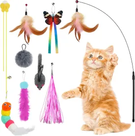 Interactive Cat Teaser Wand Set & Hanging Door Toys with 8pcs Feather Replacement Toys for Indoor Kittens