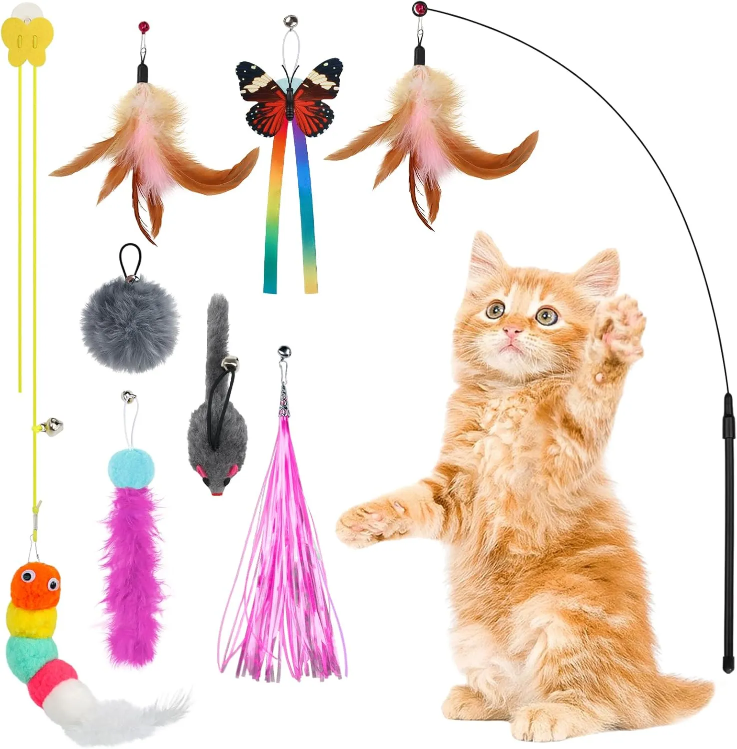 Interactive Cat Teaser Wand Set & Hanging Door Toys with 8pcs Feather Replacement Toys for Indoor Kittens