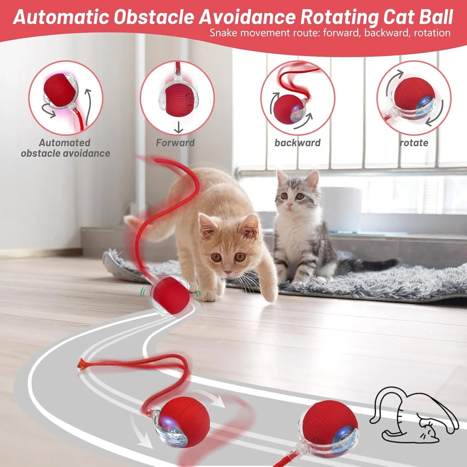 Interactive Cat Toy, Smart Rolling Ball for Indoor Cats Self Play, 3 Modes & Motion Activated Self Moving With Long Tail Teaser & LED, Stimulating Toys for Indoor Cats