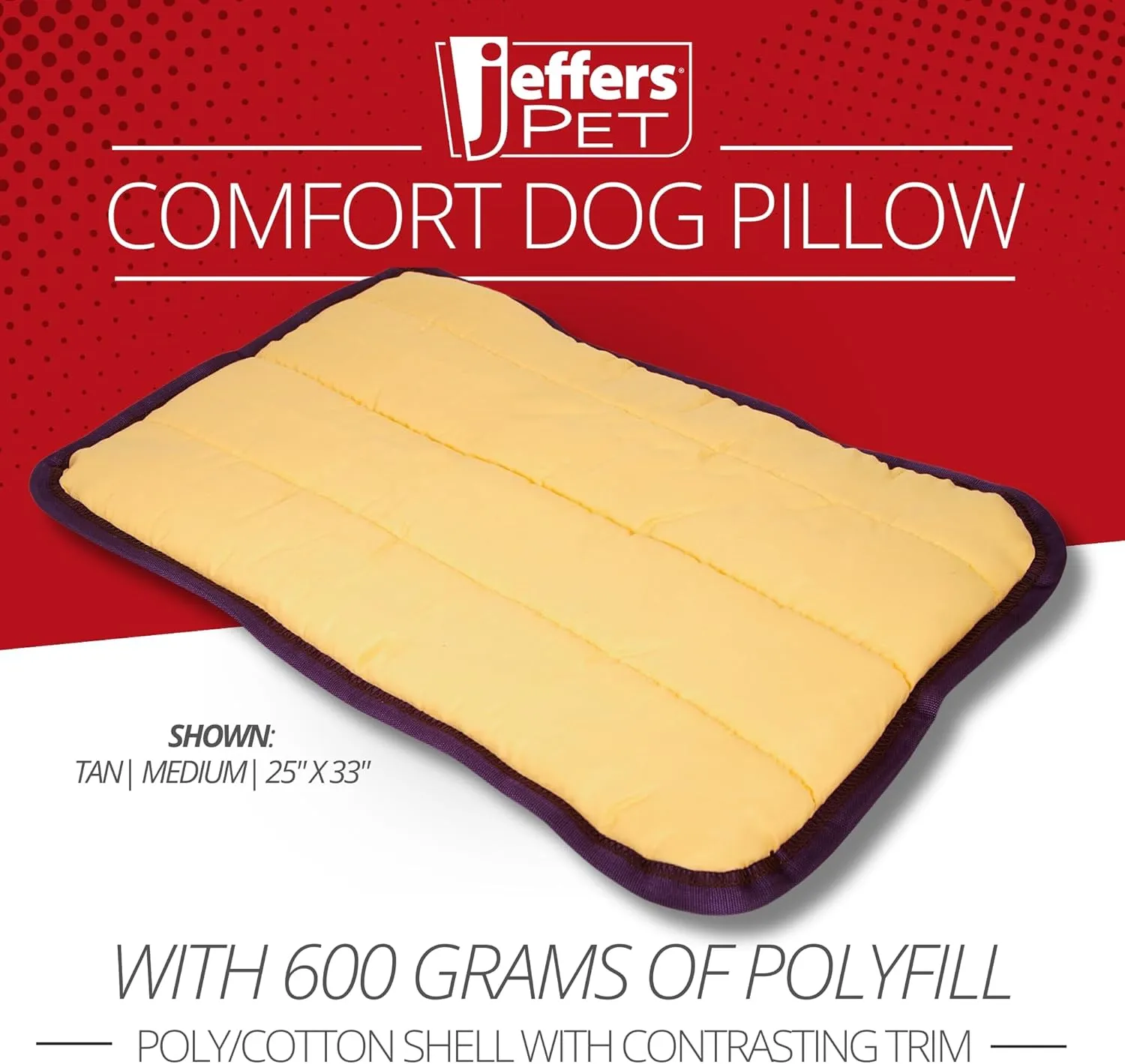Jeffers Pet Comfort Dog Pillow, Medium 25" x 33", Tan  Machine Washable Dog Bed for House, Sofa, Crate & Travel  Poly Cotton Shell, Winter Warmth, Soft, Comfy, Durable, Top Pet Bedding