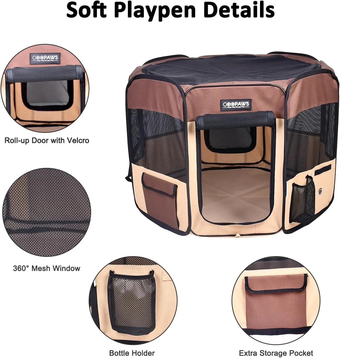 JESPET 61" Pet Dog Playpens, Portable Soft Dog Exercise Pen Kennel with Carry Bag for Puppy Cats Kittens Rabbits, Brown