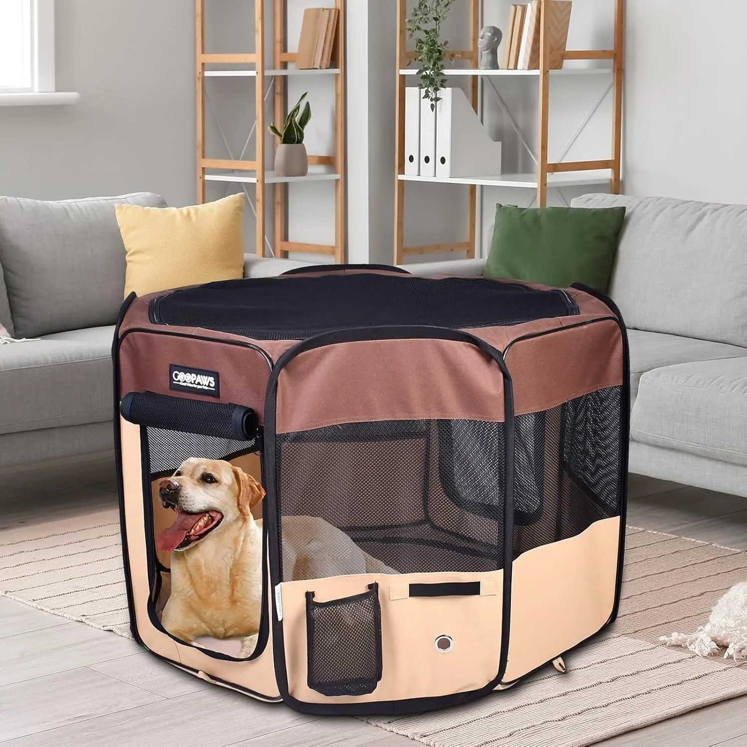 JESPET 61" Pet Dog Playpens, Portable Soft Dog Exercise Pen Kennel with Carry Bag for Puppy Cats Kittens Rabbits, Brown