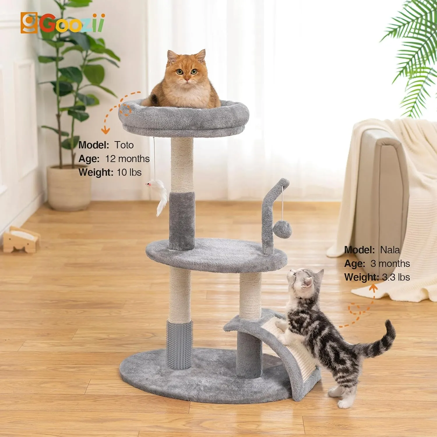 Large Cat Tree Tower with Scratching Post, Modern Kitten Tower for Indoor Cats, Sturdy Tall Carpet Sisal Cat Scratcher Stand with Big Bed Perch,Scratch Ramp,Ball Toy for Kitty Play -Grey