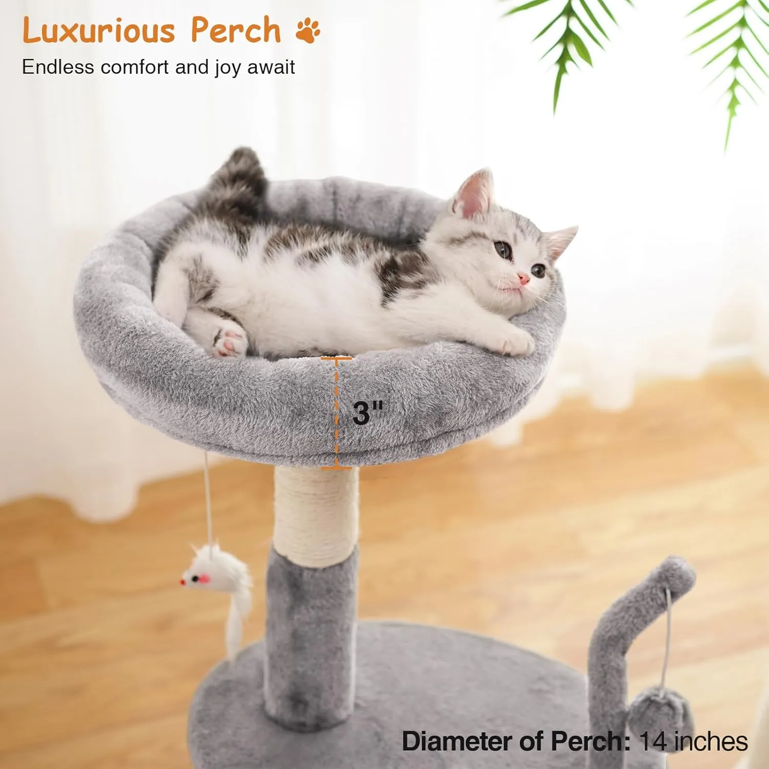 Large Cat Tree Tower with Scratching Post, Modern Kitten Tower for Indoor Cats, Sturdy Tall Carpet Sisal Cat Scratcher Stand with Big Bed Perch,Scratch Ramp,Ball Toy for Kitty Play -Grey