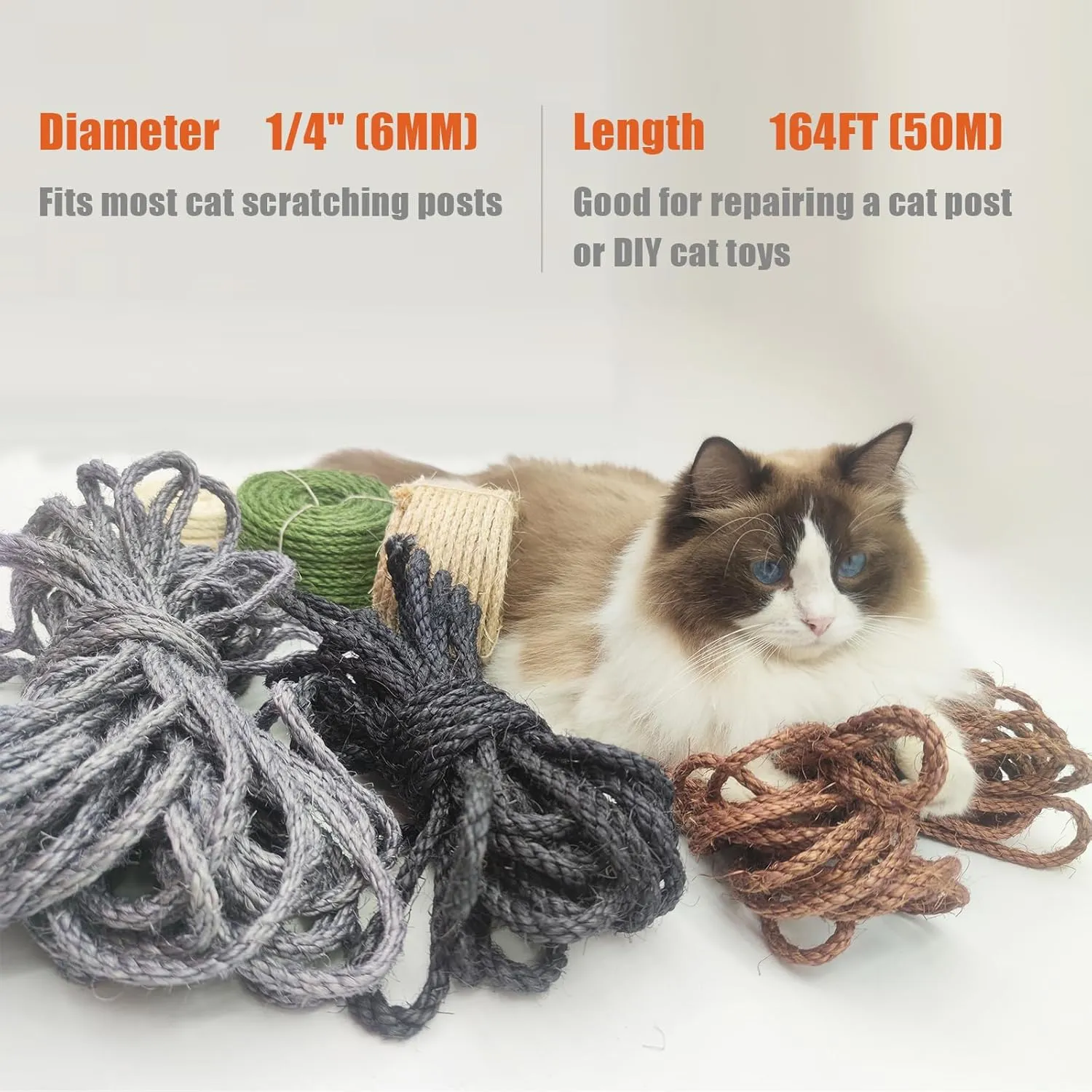 Natural Sisal Rope for Cat Scratcher, 1/4 Inch 164FT Sisal Rope for Cat Scratching Post Repair Replacement, Multi Color Cat Scratch Tree Rope Replacement, Solid Black