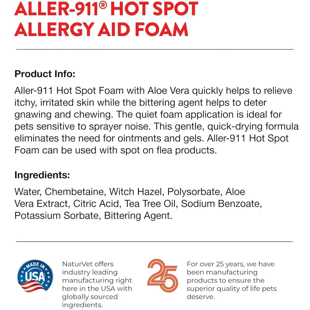 NaturVet Aller-911 Hot Spot Allergy Aid Foam with Aloe Vera for Dogs & Cats, 8-oz