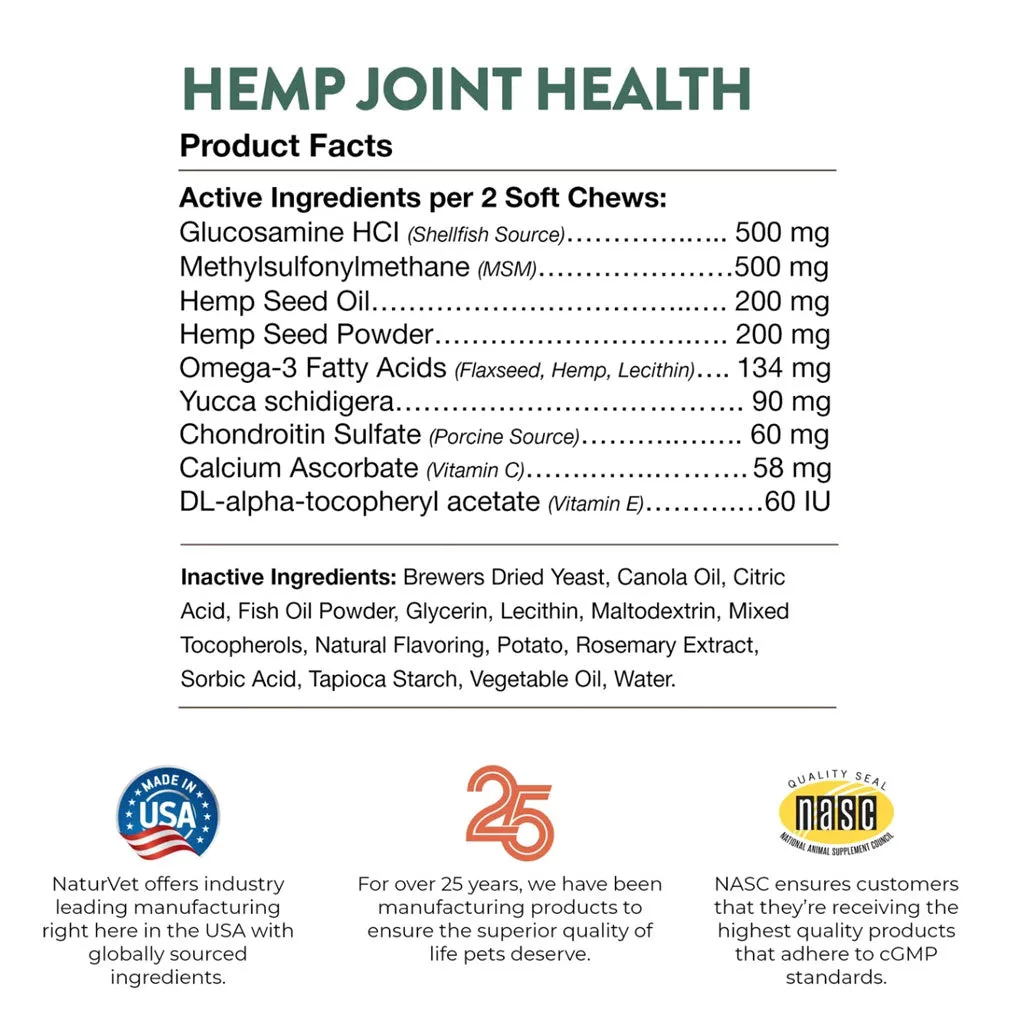 NaturVet Hemp Joint Health Plus Hemp Seed Soft Chews for Dogs, 60 count