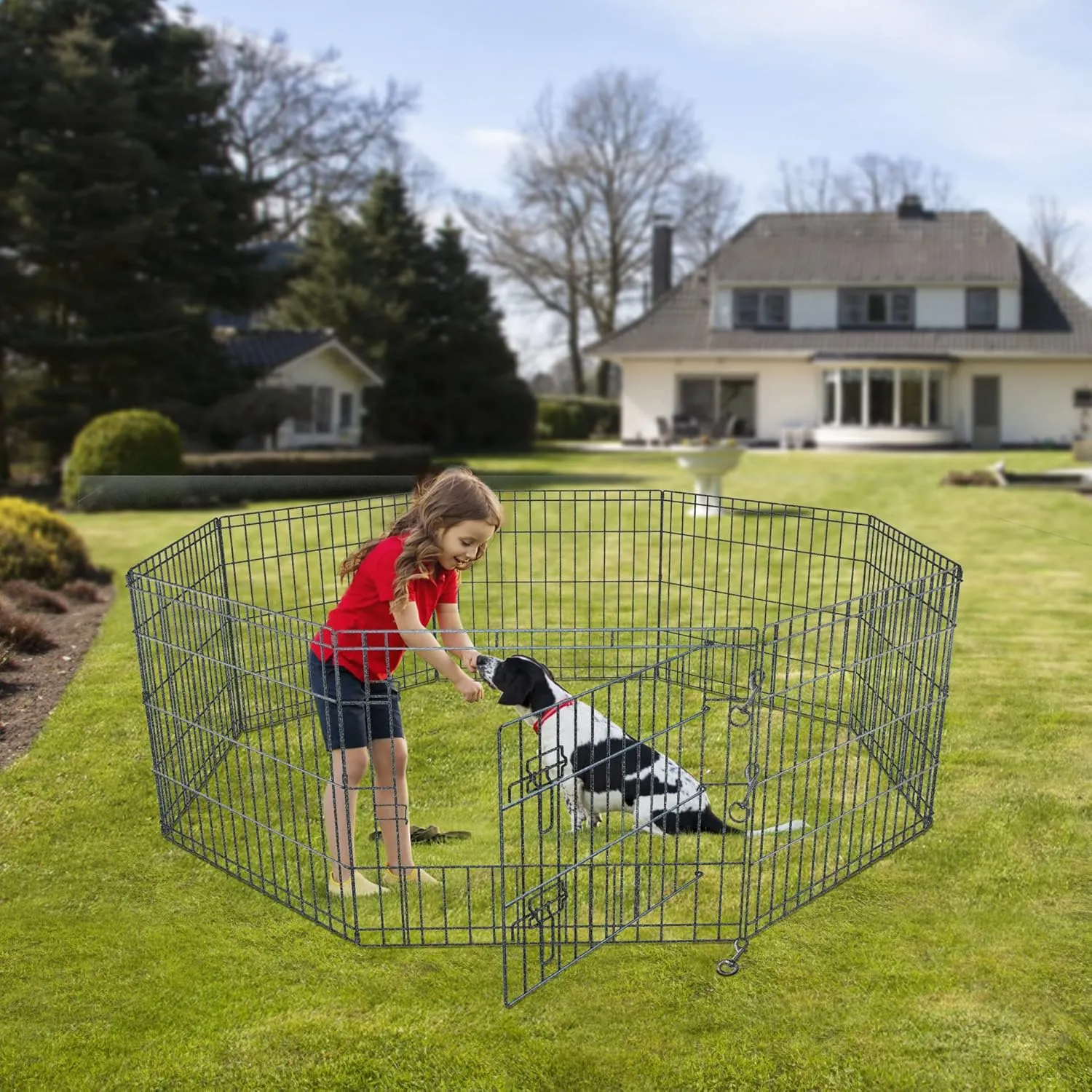 NEZUC Foldable Metal Dog Exercise Playpen Gate Fence Dog Crate 8 Panels 24 Inch Height Puppy Kennels with Top Cover for Animals Outdoor Indoor (with top Cover, 8 Panels 24" H)