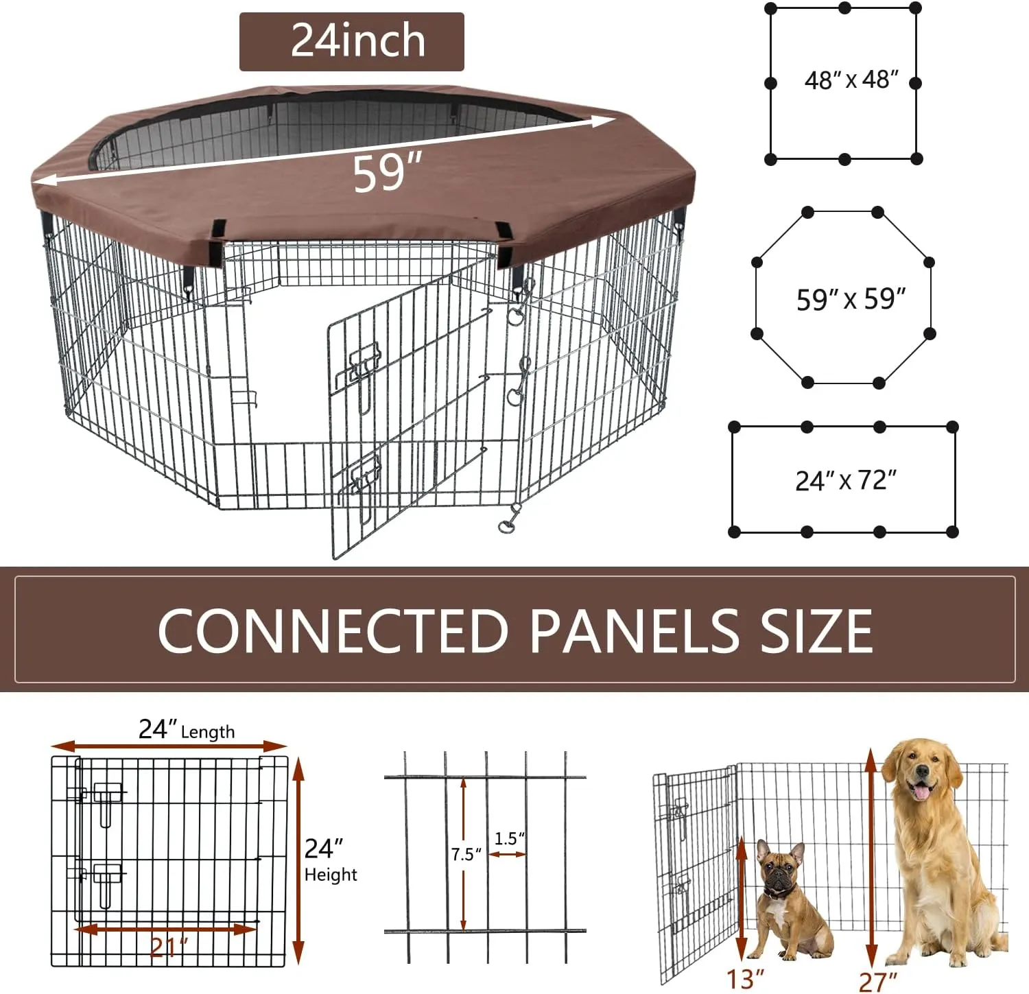 NEZUC Foldable Metal Dog Exercise Playpen Gate Fence Dog Crate 8 Panels 24 Inch Height Puppy Kennels with Top Cover for Animals Outdoor Indoor (with top Cover, 8 Panels 24" H)
