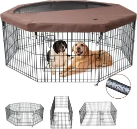 NEZUC Foldable Metal Dog Exercise Playpen Gate Fence Dog Crate 8 Panels 24 Inch Height Puppy Kennels with Top Cover for Animals Outdoor Indoor (with top Cover, 8 Panels 24" H)