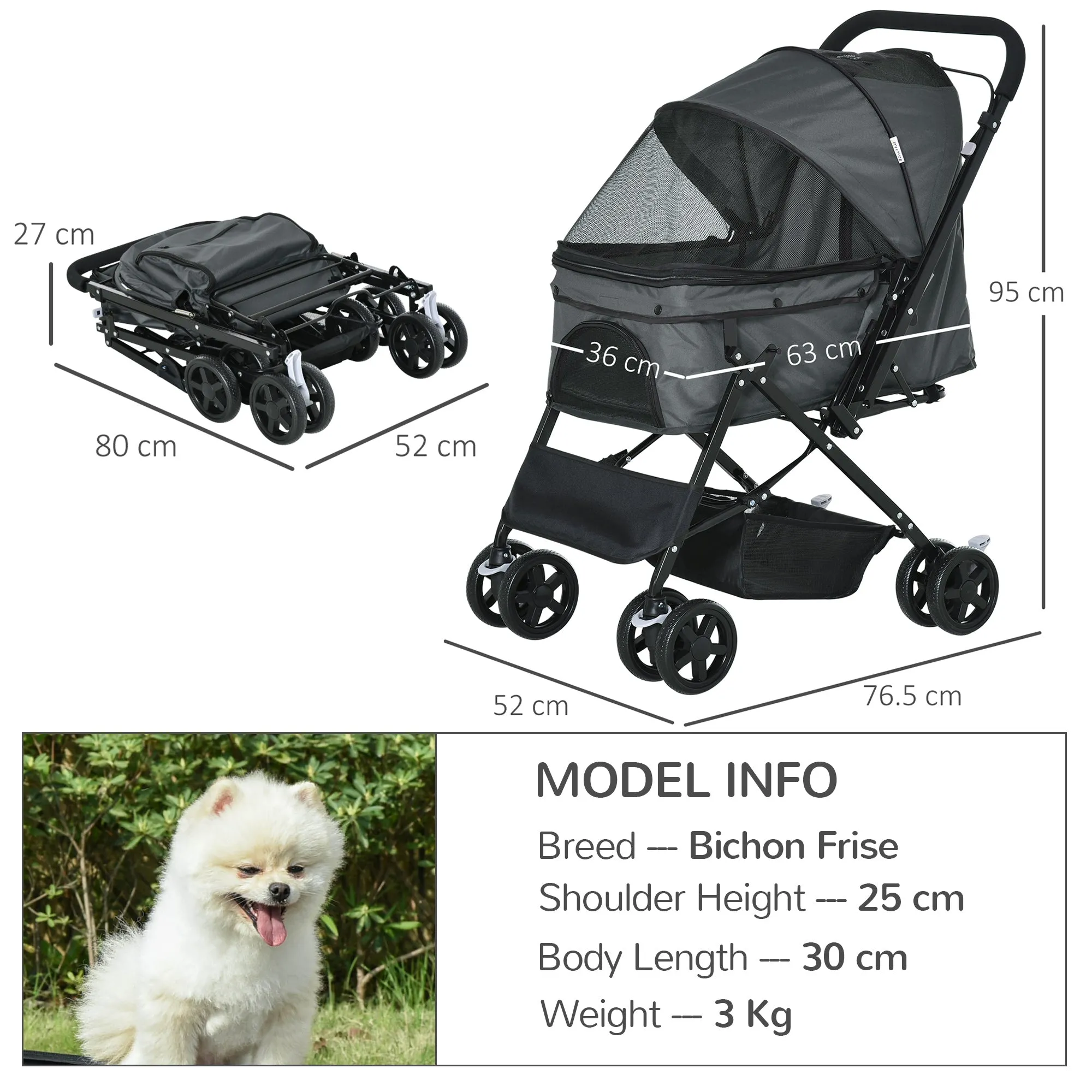 PawHut Pet Stroller Foldable Dog Cat Travel Carriage 2-In-1 Design Carrying Bag